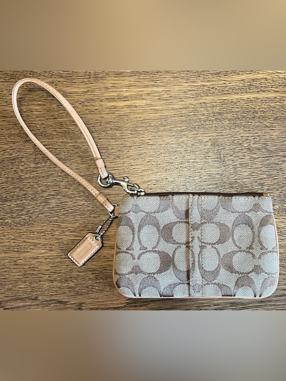 Coach Signature Wristlet Khaki Brown Jacquard Canvas Zip Wallet